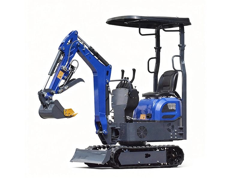 Blue compact excavator with canopy on a white background