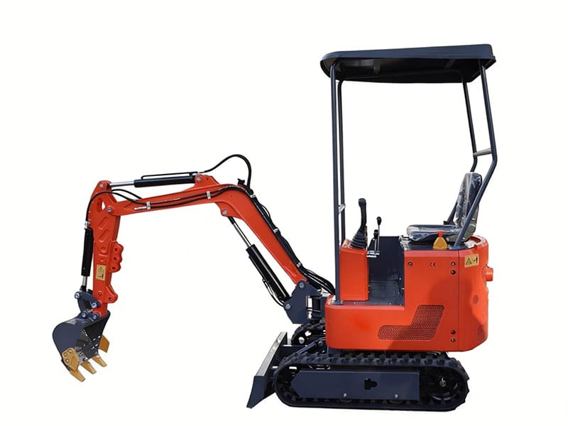 Red canopy mini excavator with bucket and gripping attachment
