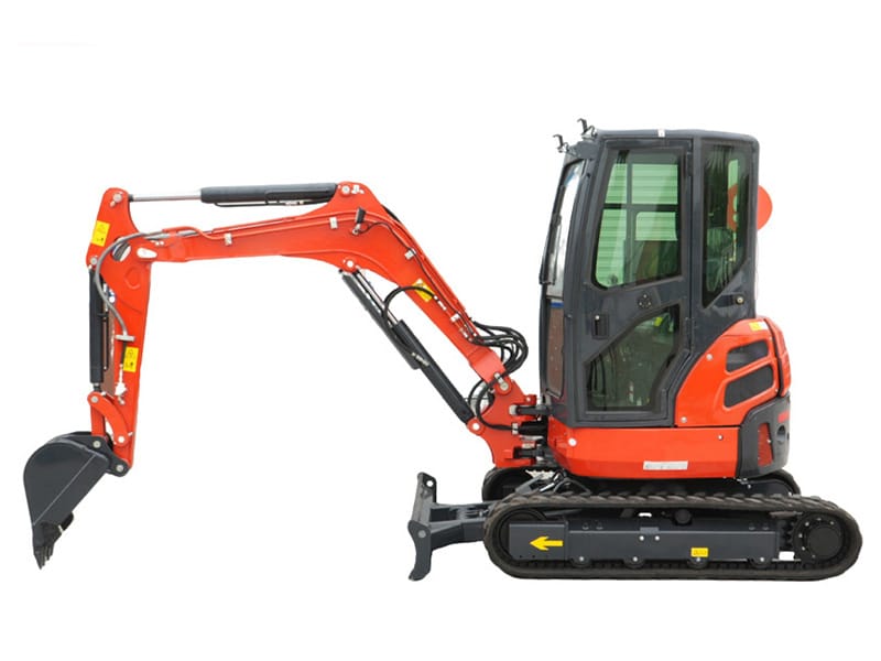 Red tracked excavator with an enclosed cab