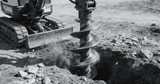 Excavator-mounted auger drilling into the ground