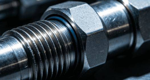 Close view of a threaded metal hydraulic fitting